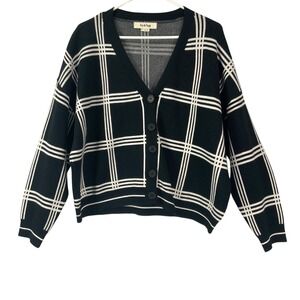 Eva & Paige Black White Plaid Knit Button Front Cardigan Sweater Women's Large